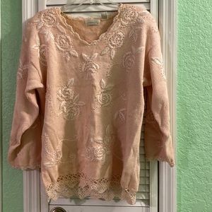 Cymbrion Womens Pink and White Embroidered Sweater with Faux Pearls Large